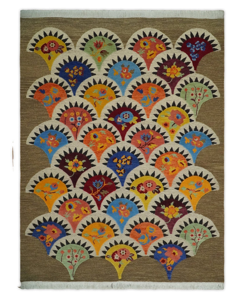 Brown and Ivory with multicolor Flower Wool Hand Woven Floral Design Lori Rug| KNT21 - The Rug Decor