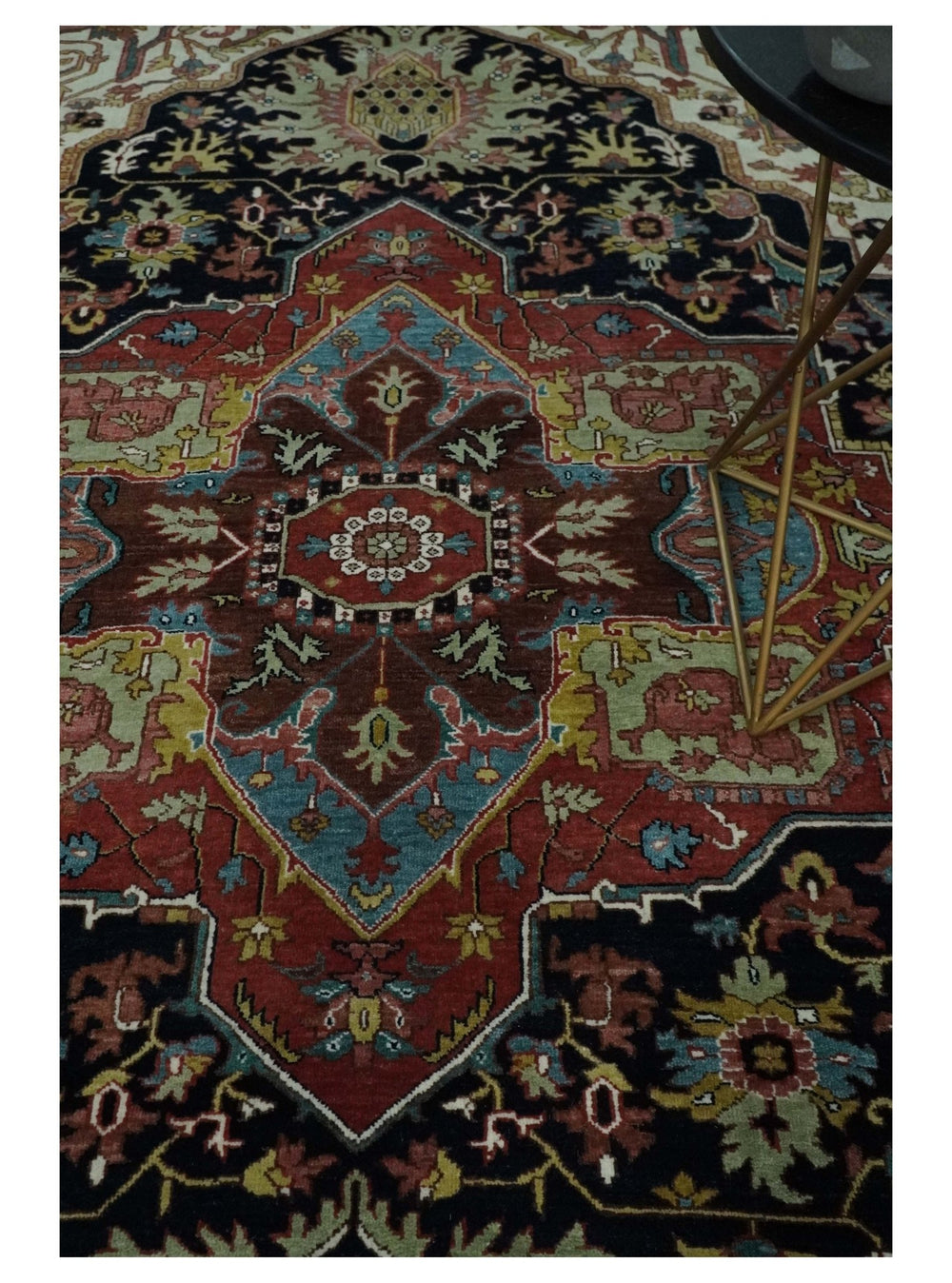 Brown, Ivory and Black Hand Knotted Antique 9x12 Traditional Heriz Serapi Wool Rug | TRDCP1343912 - The Rug Decor