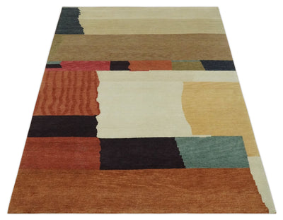 Brown, Ivory, Beige and Rust Modern Abstract Hand knotted 5X6.6 Wool Area Rug - The Rug Decor