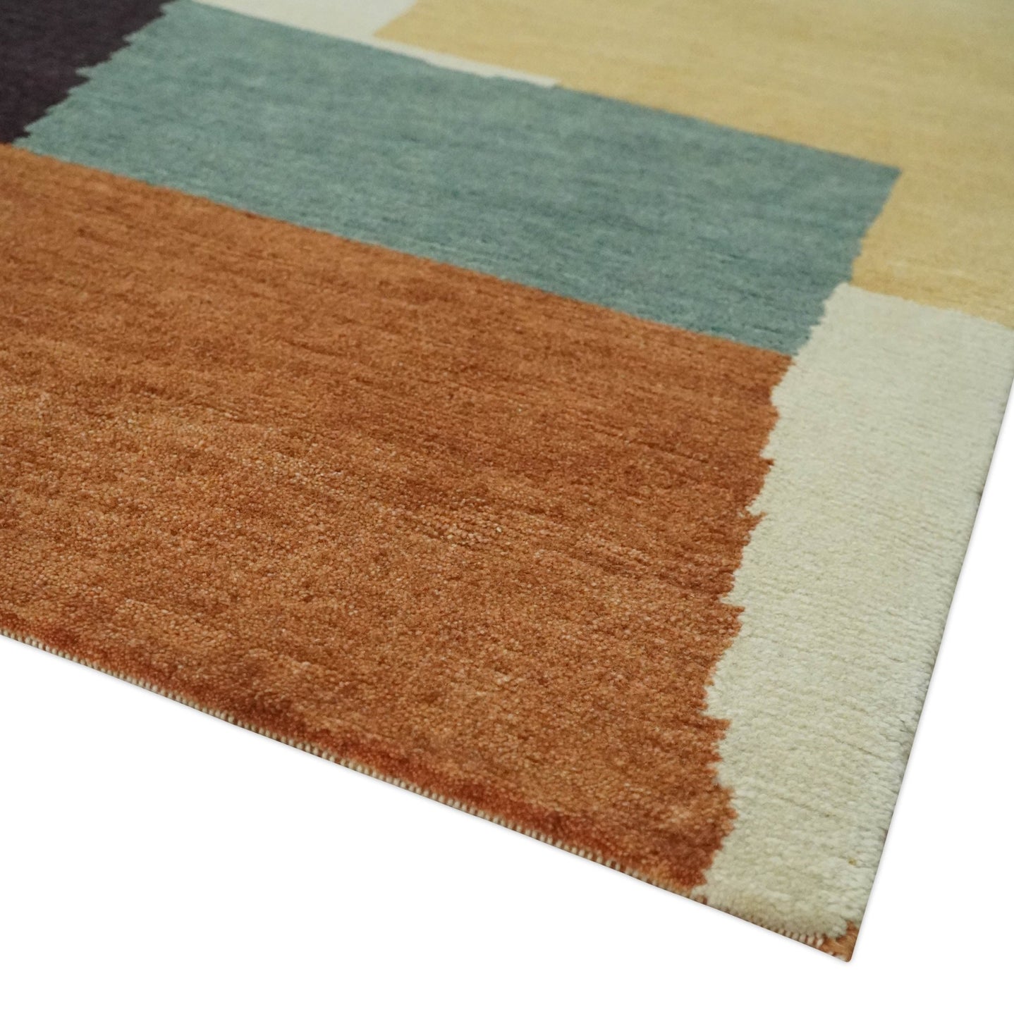 Brown, Ivory, Beige and Rust Modern Abstract Hand knotted 5X6.6 Wool Area Rug - The Rug Decor