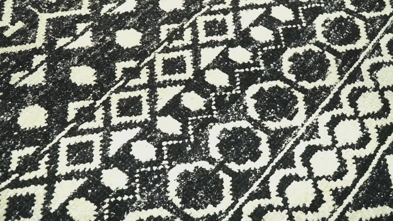 Hand Knotted Black and Ivory Modern Contemporary Southwestern Tribal Trellis Recycled Silk Area Rug | OP11