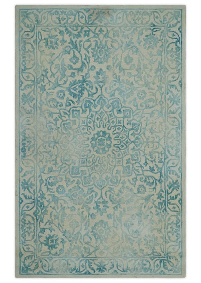 Camel and Blue 4.10x7.9 Medallion Pattern Hand Woven Soumak Dhurrie Wool Area Rug - The Rug Decor