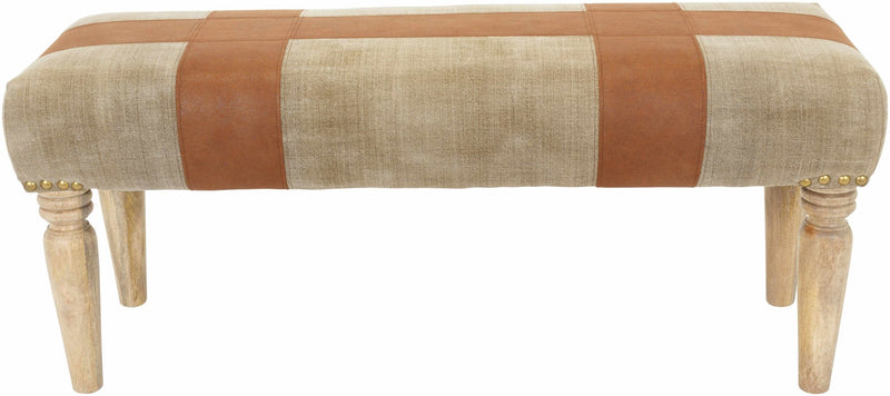 Camel and Brown Hand Made Faux Leather and Cotton Wooden Bench - The Rug Decor
