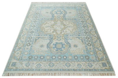 Cappadocia Rug 8x10 Hand Knotted Turkish Blue, Beige and Ivory Traditional Antique Persian Low Pile Area Rug | AC31810 - The Rug Decor