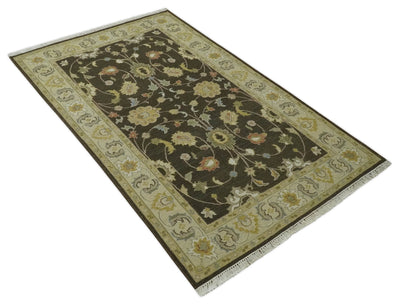 Charcoal and Beige 5x8 Oriental Oushak Hand Woven Soumak Dhurrie Wool Area Rug - The Rug Decor