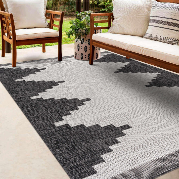 Charcoal and Ivory Geometrical Indoor & Outdoor Multi Size Area Rug - The Rug Decor