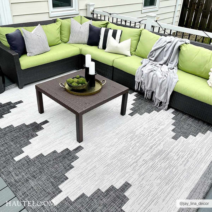 Charcoal and Ivory Geometrical Indoor & Outdoor Multi Size Area Rug - The Rug Decor