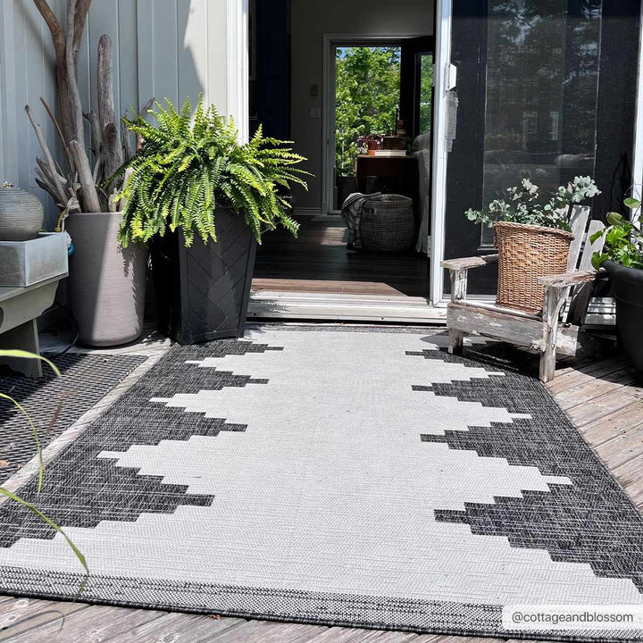 Charcoal and Ivory Geometrical Indoor & Outdoor Multi Size Area Rug - The Rug Decor