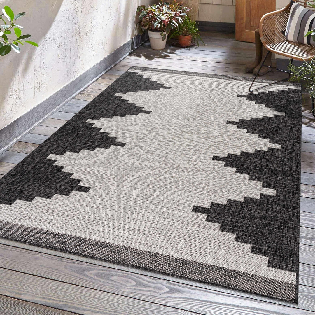 Charcoal and Ivory Geometrical Indoor & Outdoor Multi Size Area Rug - The Rug Decor