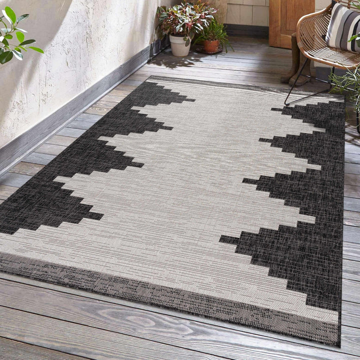 Charcoal and Ivory Geometrical Indoor & Outdoor Multi Size Area Rug - The Rug Decor
