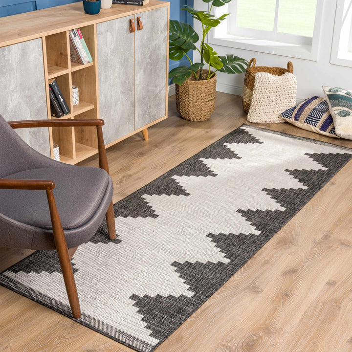Charcoal and Ivory Geometrical Indoor & Outdoor Multi Size Area Rug - The Rug Decor