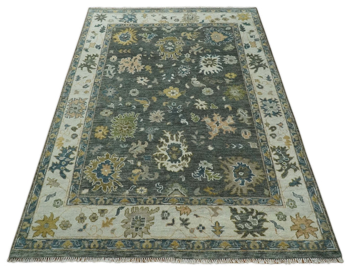 Charcoal and Ivory Hand Knotted 6x9, 8x10, 9x12, 10x14 and 12x15 Traditional Persian Oushak Wool Rug | TRDCP817 - The Rug Decor
