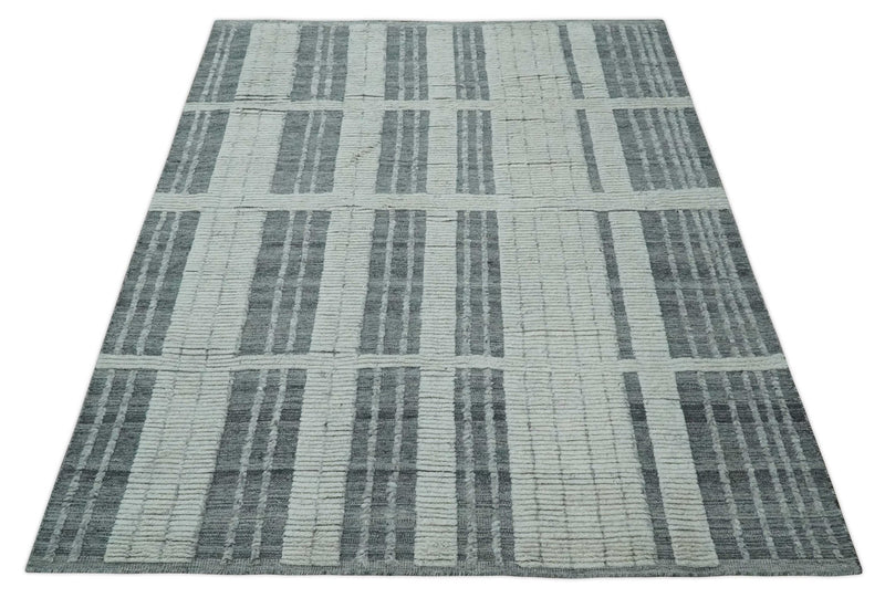 Charcoal and Silver Traditional Hand Knotted 8x10 Geometrical Pattern Wool Area Rug - The Rug Decor