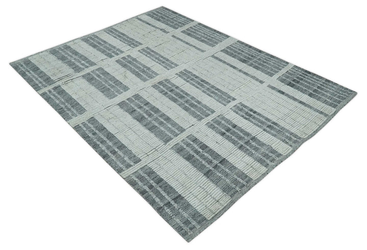 Charcoal and Silver Traditional Hand Knotted 8x10 Geometrical Pattern Wool Area Rug - The Rug Decor