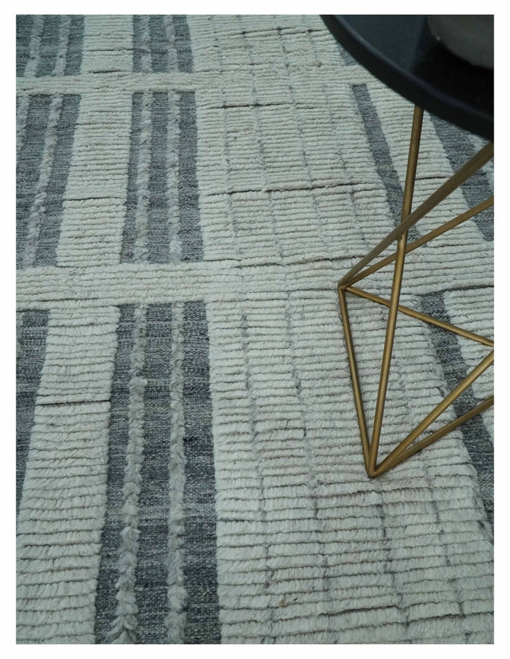 Charcoal and Silver Traditional Hand Knotted 8x10 Geometrical Pattern Wool Area Rug - The Rug Decor