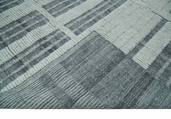 Charcoal and Silver Traditional Hand Knotted 8x10 Geometrical Pattern Wool Area Rug - The Rug Decor