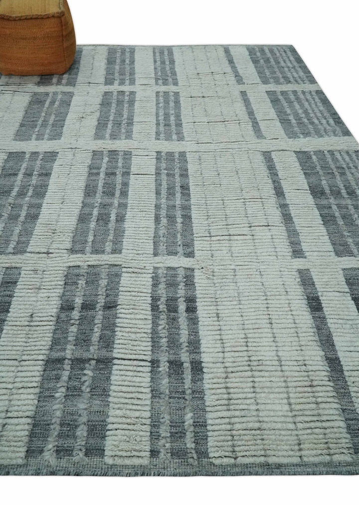 Charcoal and Silver Traditional Hand Knotted 8x10 Geometrical Pattern Wool Area Rug - The Rug Decor