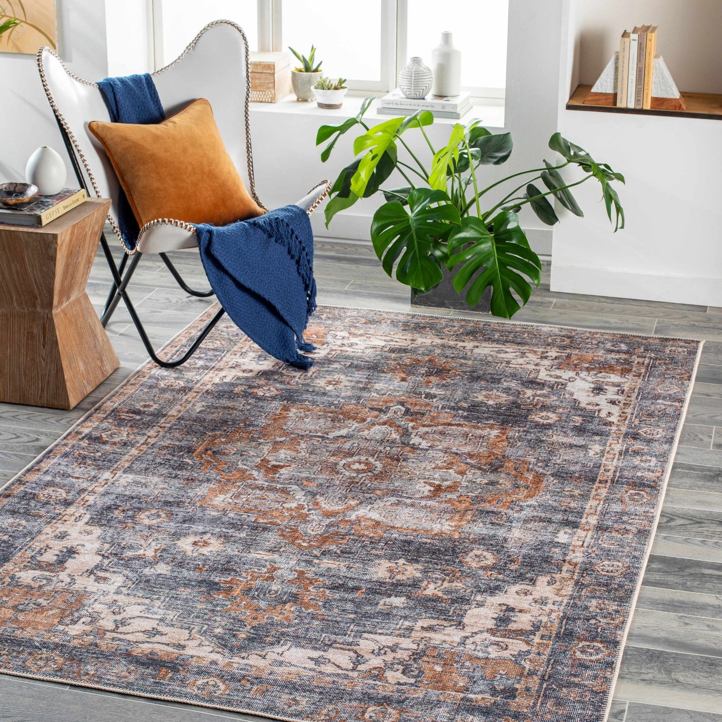 Charcoal, Beige and Brown Antique look Traditional Washable Area Rug - The Rug Decor