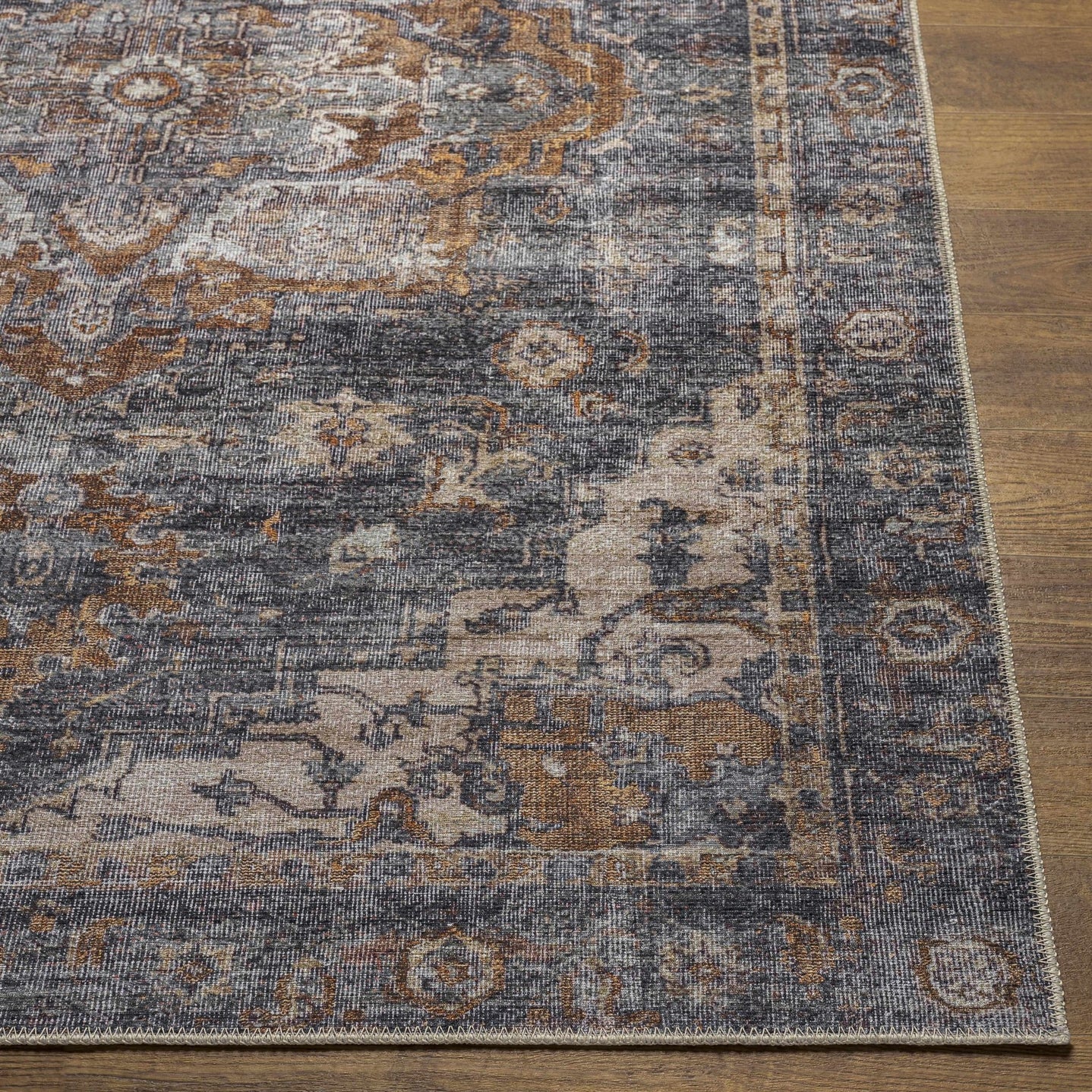 Charcoal, Beige and Brown Antique look Traditional Washable Area Rug - The Rug Decor