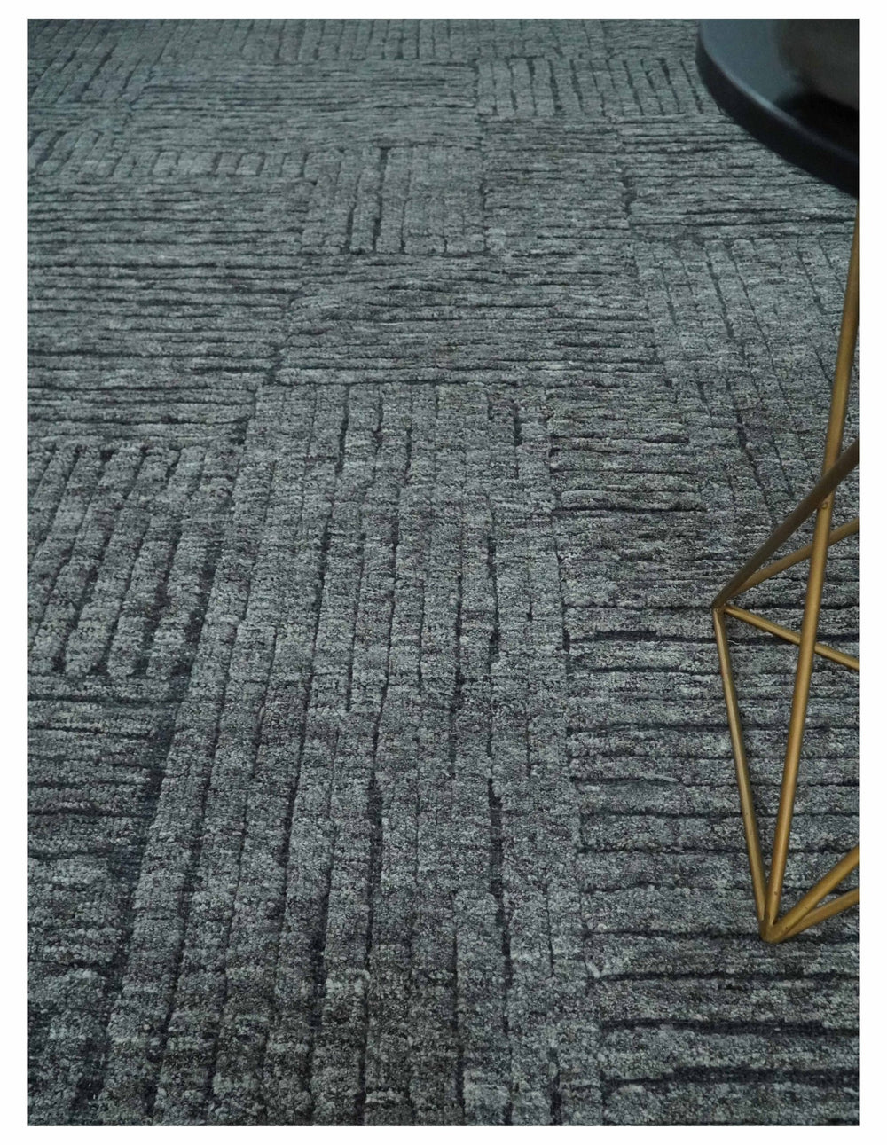 Charcoal Contemporary Stripes Pattern Hand Knotted 9.3x14.8 Wool Area Rug - The Rug Decor