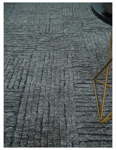Charcoal Contemporary Stripes Pattern Hand Knotted 9.3x14.8 Wool Area Rug - The Rug Decor