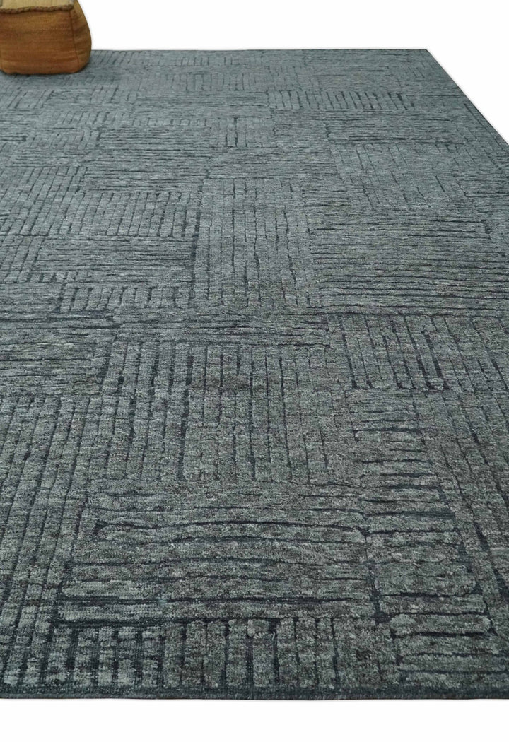 Charcoal Contemporary Stripes Pattern Hand Knotted 9.3x14.8 Wool Area Rug - The Rug Decor