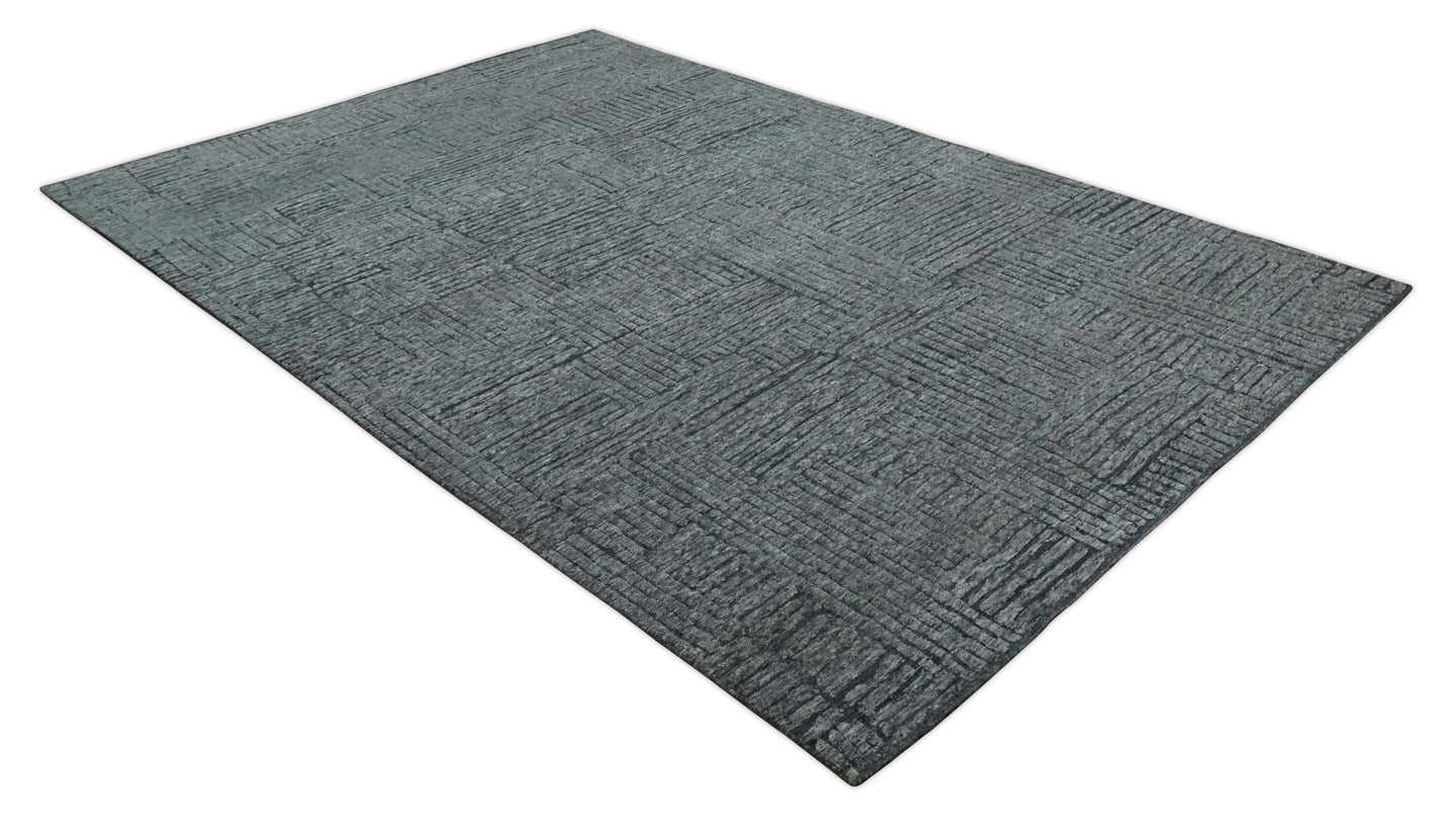 Charcoal Contemporary Stripes Pattern Hand Knotted 9.3x14.8 Wool Area Rug - The Rug Decor