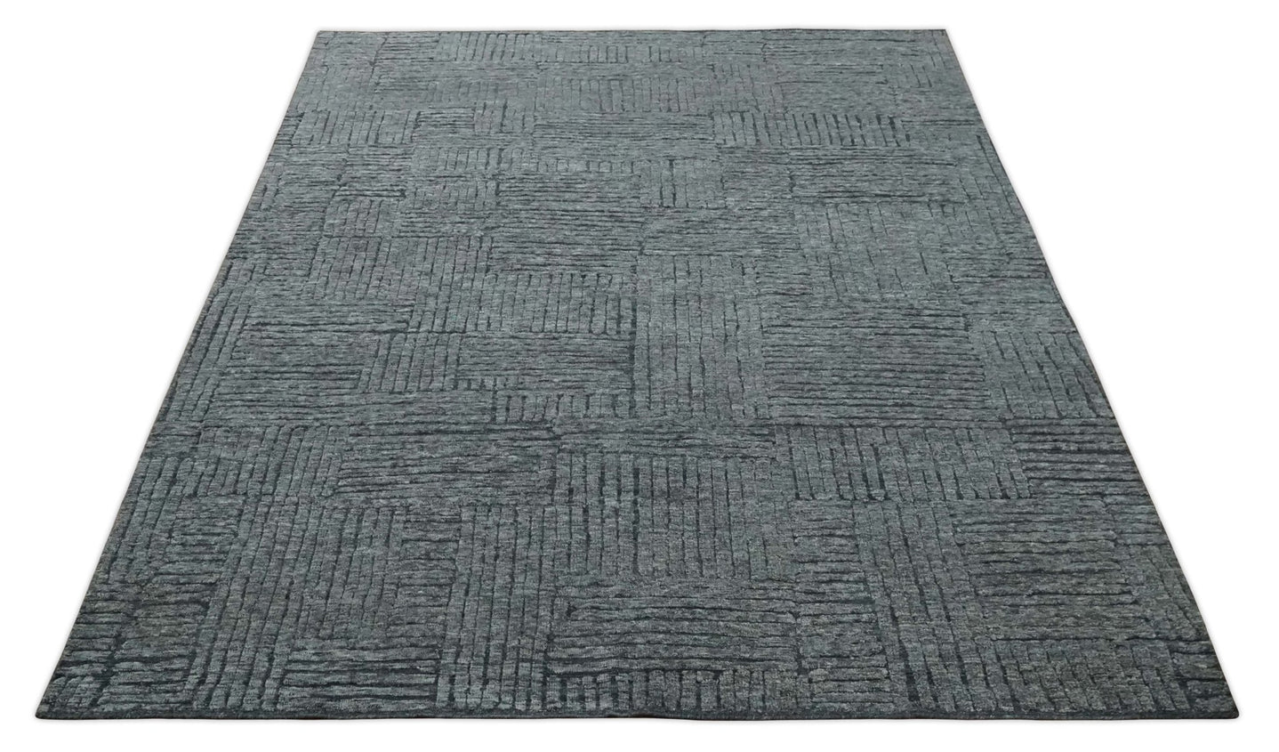 Charcoal Contemporary Stripes Pattern Hand Knotted 9.3x14.8 Wool Area Rug - The Rug Decor