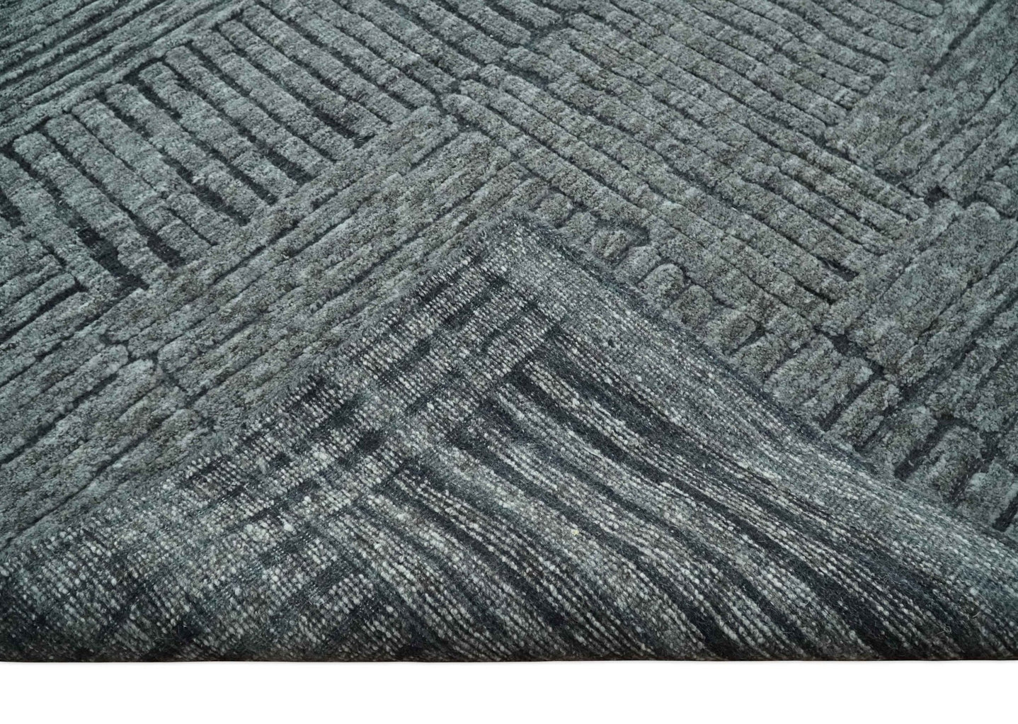 Charcoal Contemporary Stripes Pattern Hand Knotted 9.3x14.8 Wool Area Rug - The Rug Decor