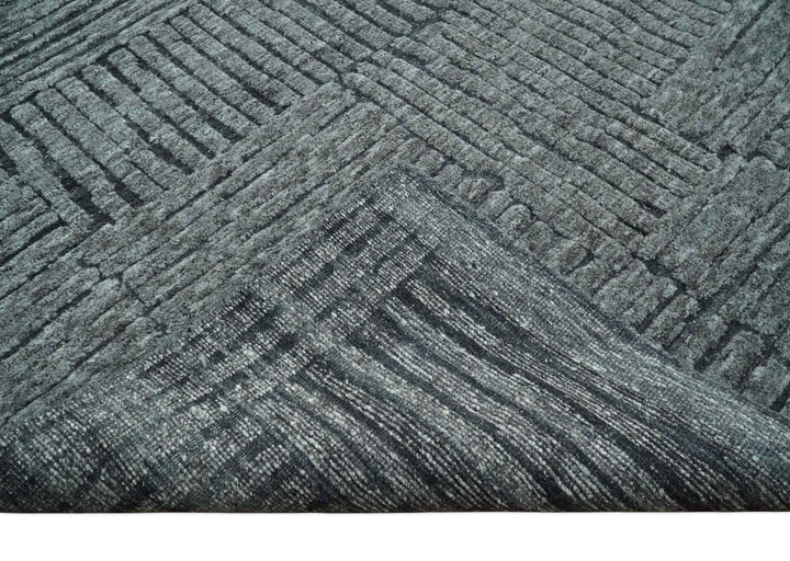 Charcoal Contemporary Stripes Pattern Hand Knotted 9.3x14.8 Wool Area Rug - The Rug Decor