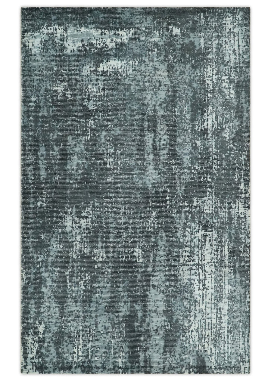 Charcoal, Light blue and Ivory Modern Abstract 5x8 Hand loom Wool and Viscose Area Rug - The Rug Decor