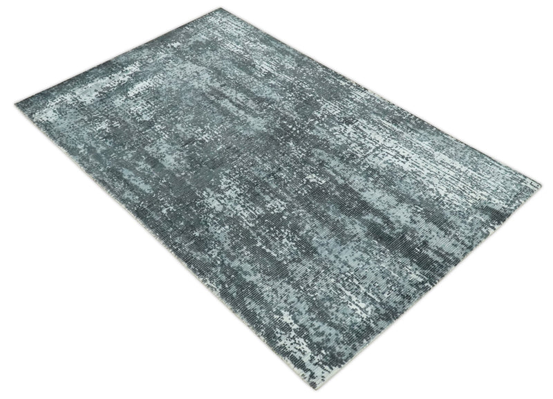Charcoal, Light blue and Ivory Modern Abstract 5x8 Hand loom Wool and Viscose Area Rug - The Rug Decor