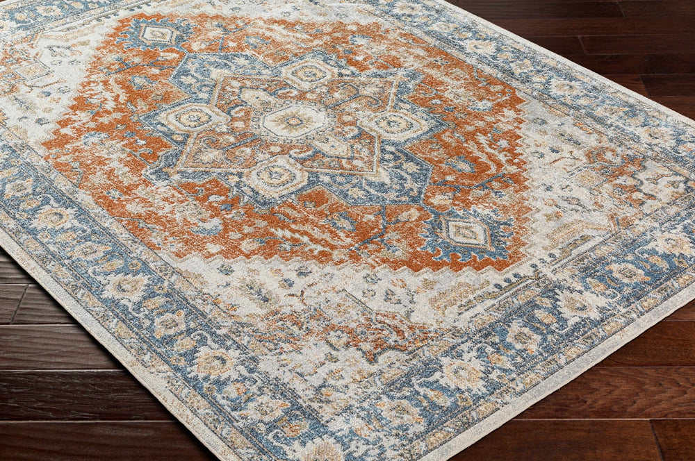 Charcoal, Orange and Silver Traditional Heriz Medallion Washable Area Rug - The Rug Decor