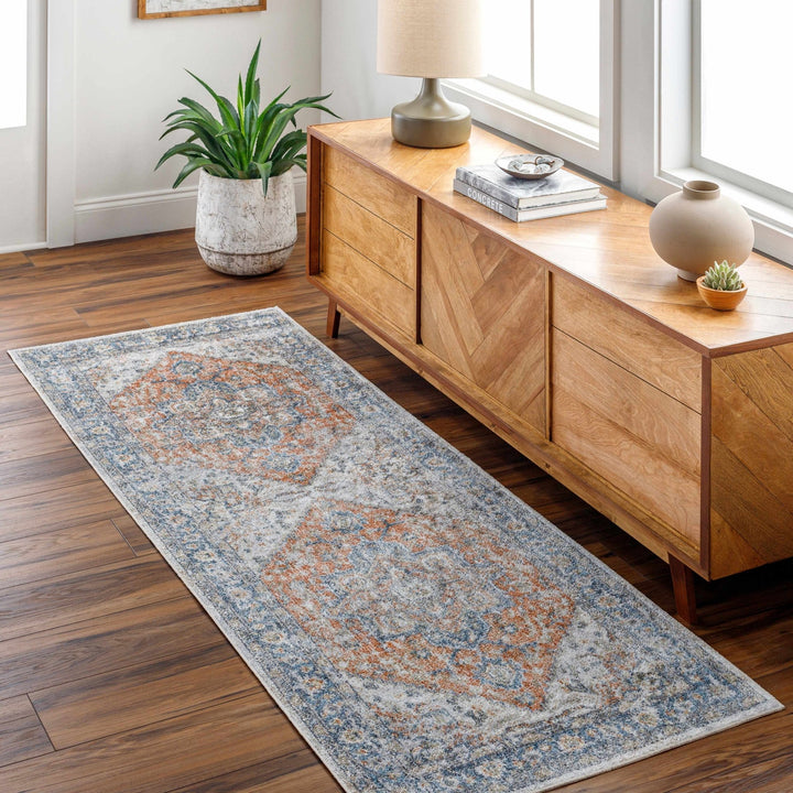 Charcoal, Orange and Silver Traditional Heriz Medallion Washable Area Rug - The Rug Decor