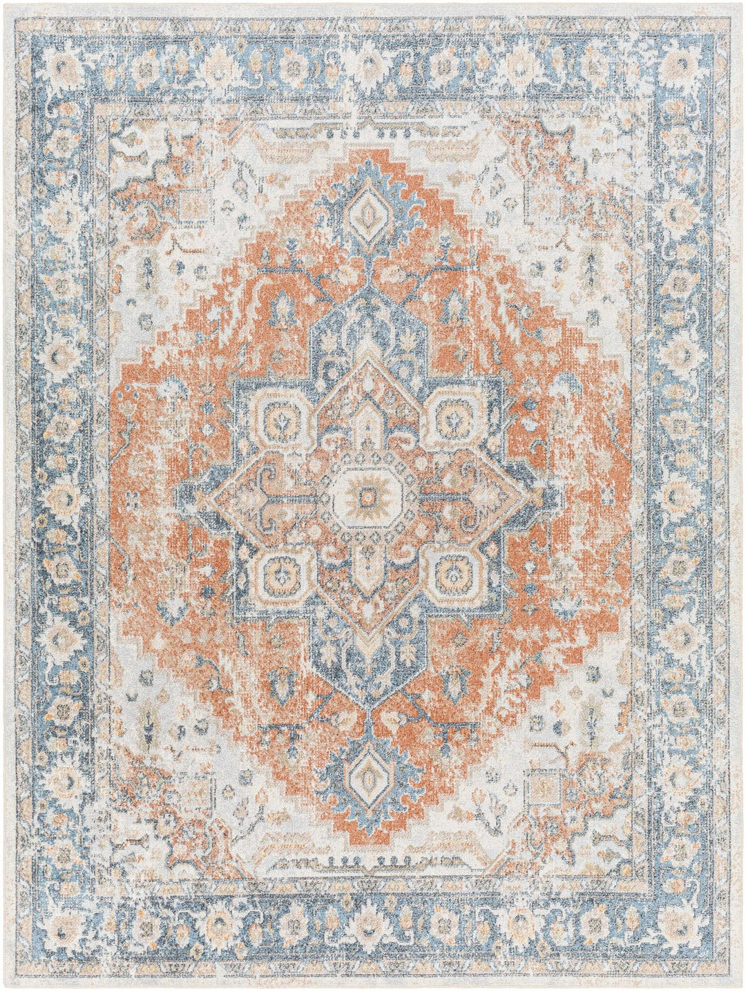 Charcoal, Orange and Silver Traditional Heriz Medallion Washable Area Rug - The Rug Decor