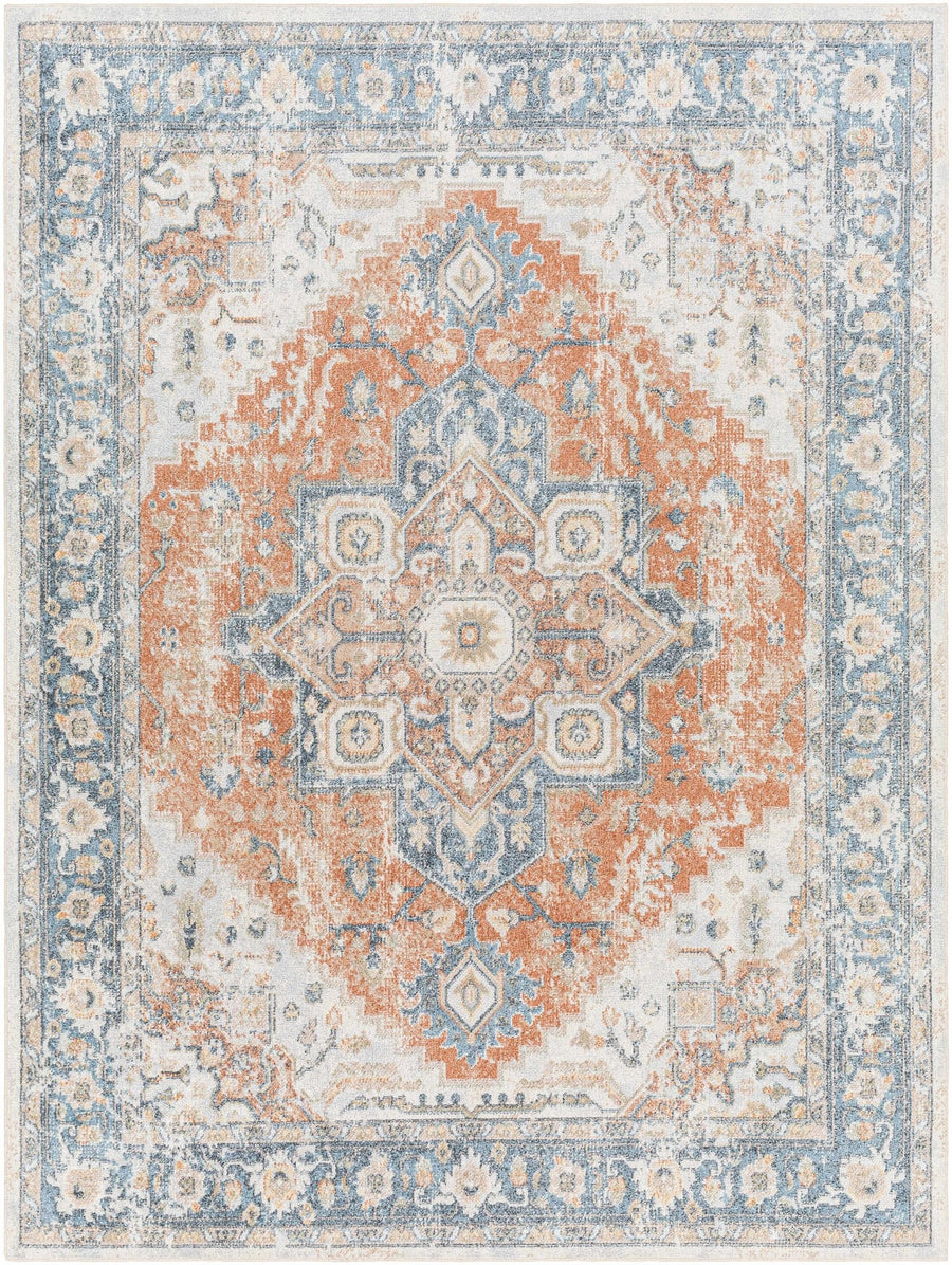 Charcoal, Orange and Silver Traditional Heriz Medallion Washable Area Rug - The Rug Decor