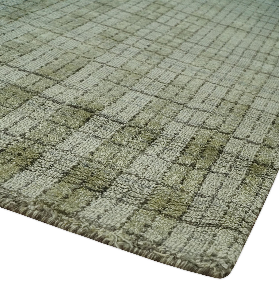 Checkered Olive Green &amp; Beige Scandinavian 8x10 Blended Wool 