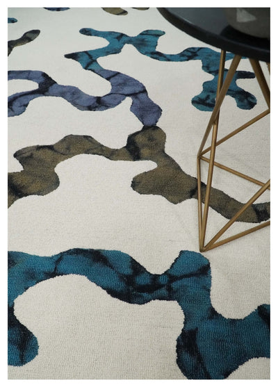 Chic Modern 5x8 Ivory, Blue, Olive and Purple Abstract Premium Hand Tufted Wool Area Rug - The Rug Decor