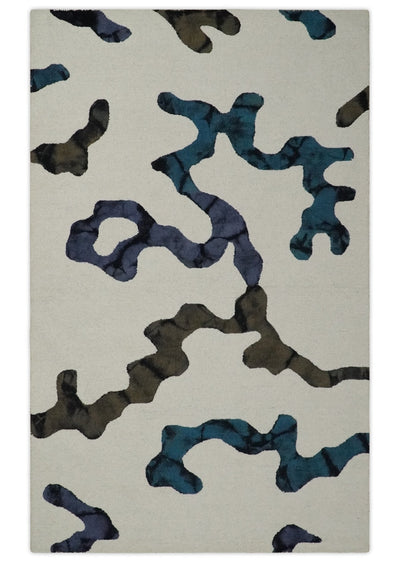 Chic Modern 5x8 Ivory, Blue, Olive and Purple Abstract Premium Hand Tufted Wool Area Rug - The Rug Decor