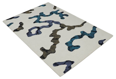 Chic Modern 5x8 Ivory, Blue, Olive and Purple Abstract Premium Hand Tufted Wool Area Rug - The Rug Decor