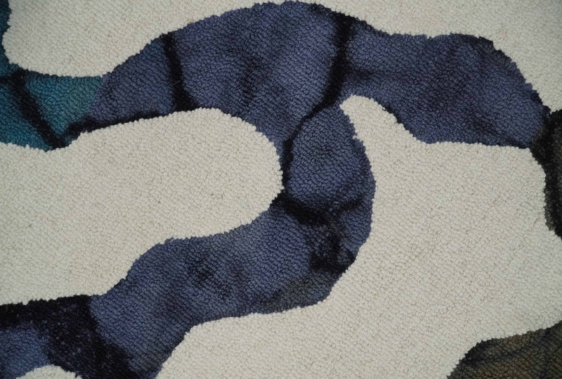 Chic Modern 5x8 Ivory, Blue, Olive and Purple Abstract Premium Hand Tufted Wool Area Rug - The Rug Decor