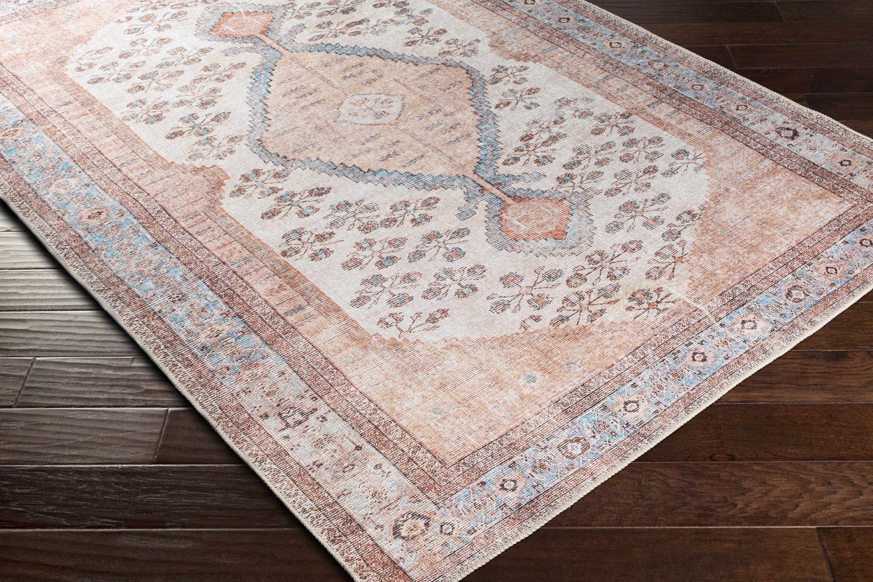 Traditional Floral Ivory, Peach and Blue Heriz Machine washable Rug ...