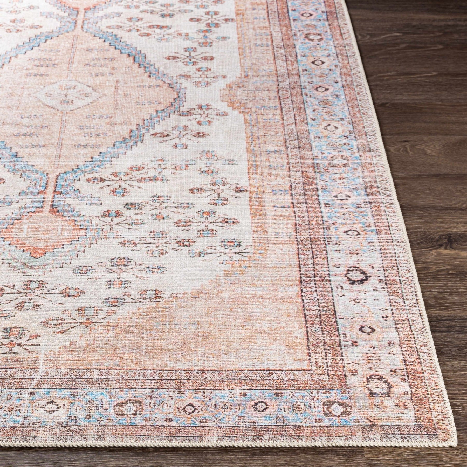 Traditional Floral Ivory, Peach and Blue Heriz Machine washable Rug