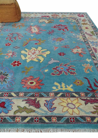 Colorful Blue and Beige Hand knotted 8x10 Traditional Oushak wool Area Rug - The Rug Decor