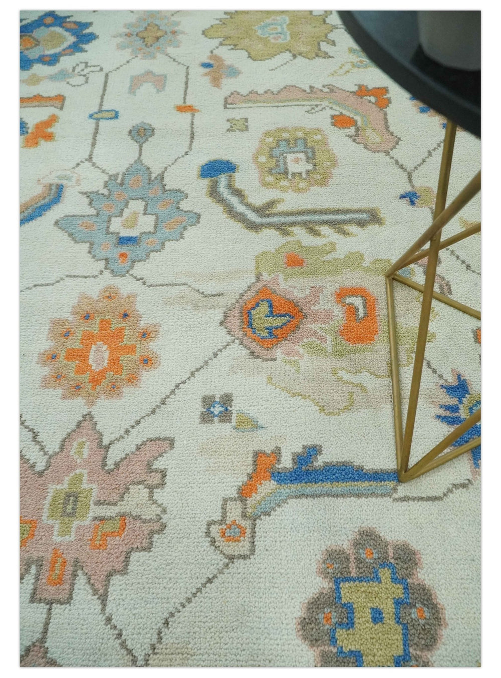 Colorful Ivory, Blue, Orange and Olive Hand Knotted Traditional Oriental Oushak Custom Made wool area Rug - The Rug Decor