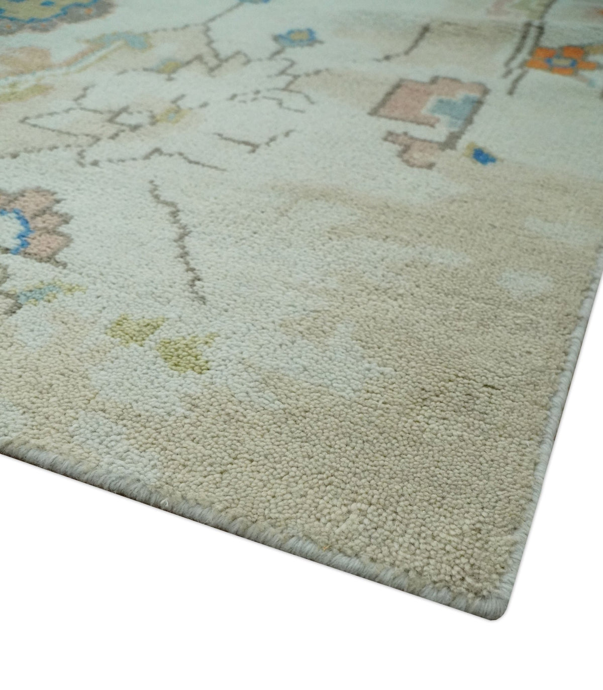 Ivory, Blue, Orange and Olive Traditional Oriental Oushak wool Rug