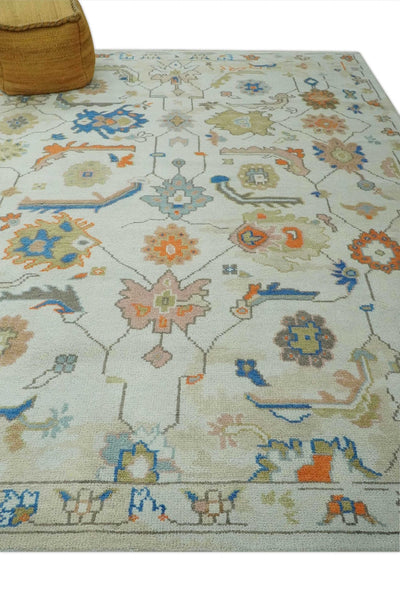 Colorful Ivory, Blue, Orange and Olive Hand Knotted Traditional Oriental Oushak Custom Made wool area Rug - The Rug Decor