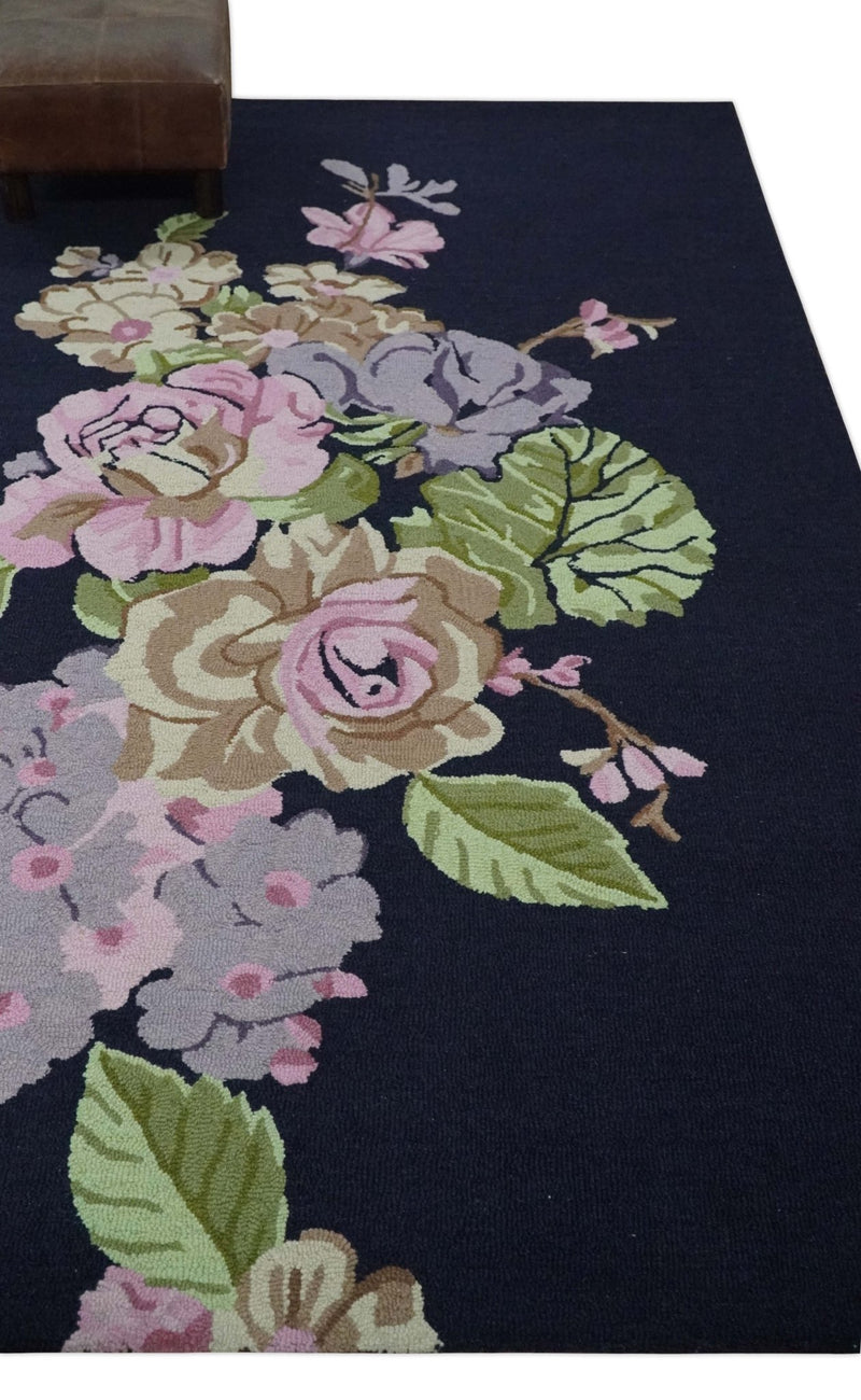 Colorful Rose Flower Dark Blue, Pink, Green and Tan Hand Tufted 5x8 Wool Area Rug - The Rug Decor
