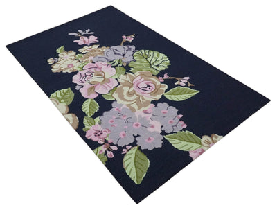 Colorful Rose Flower Dark Blue, Pink, Green and Tan Hand Tufted 5x8 Wool Area Rug - The Rug Decor