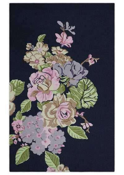 Colorful Rose Flower Dark Blue, Pink, Green and Tan Hand Tufted 5x8 Wool Area Rug - The Rug Decor